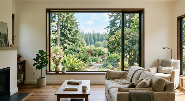 Bright living room with blue sofas, wooden coffee table, and large windows under a wood ceiling