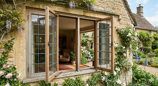 Open wooden casement windows on a stone cottage, surrounded by blooming climbing roses and lush greenery.
