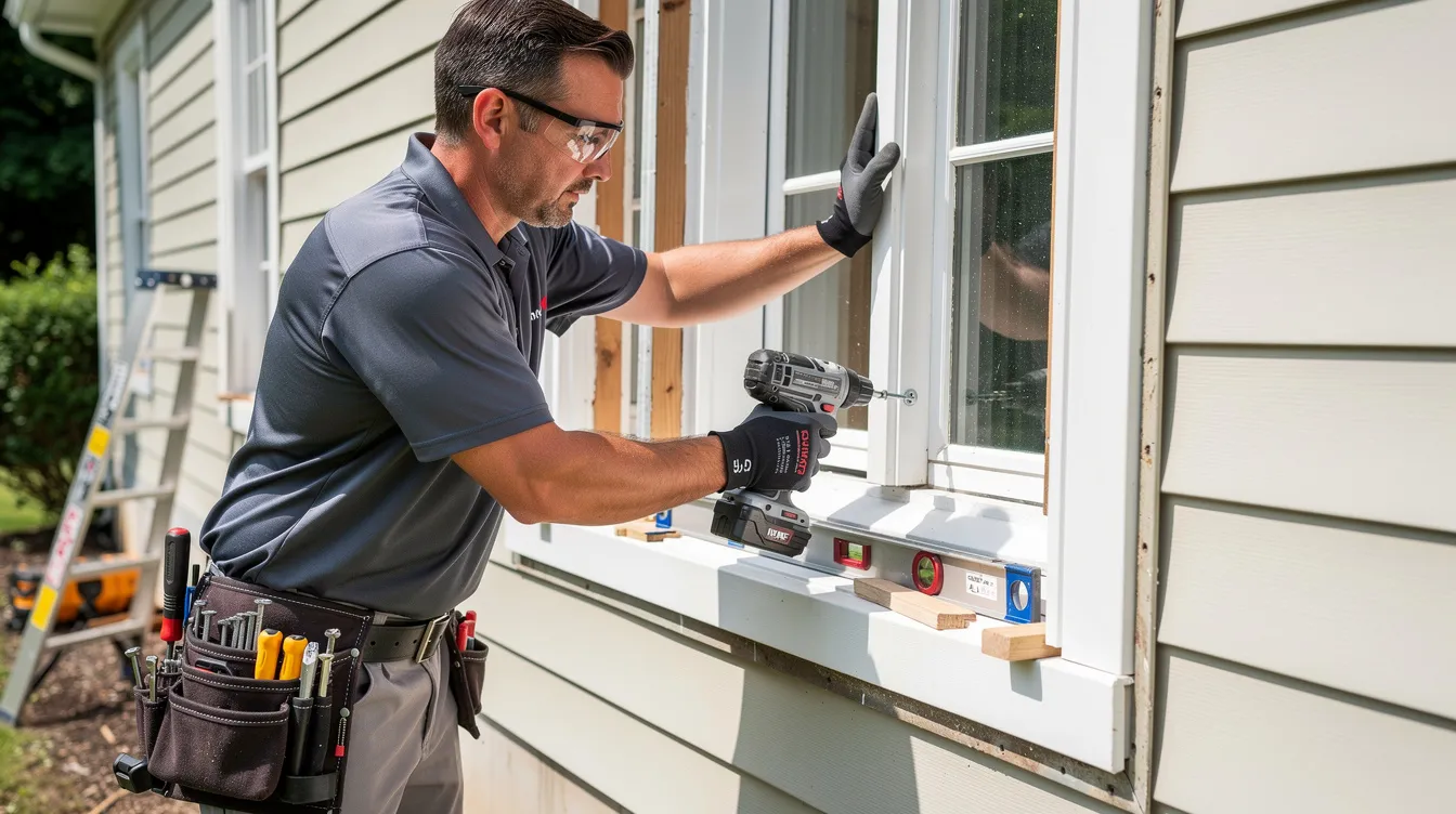 A professional window installer is securing a new vinyl window into a home's exterior opening, showcasing the proper installation techniques essential for energy efficiency and enhancing curb appeal. The image highlights the process of replacing windows, emphasizing the importance of quality installation for optimal performance.