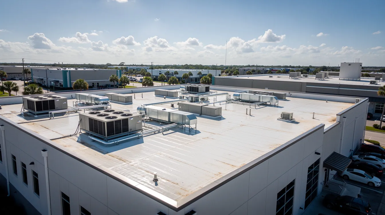 A wide view of a flat commercial roof showcases several rooftop HVAC units under a bright sunny sky, typical of a Gulf Coast setting. This image highlights the importance of proper maintenance and installation services provided by commercial roofing contractors to ensure the longevity of the roofing system on commercial properties.
