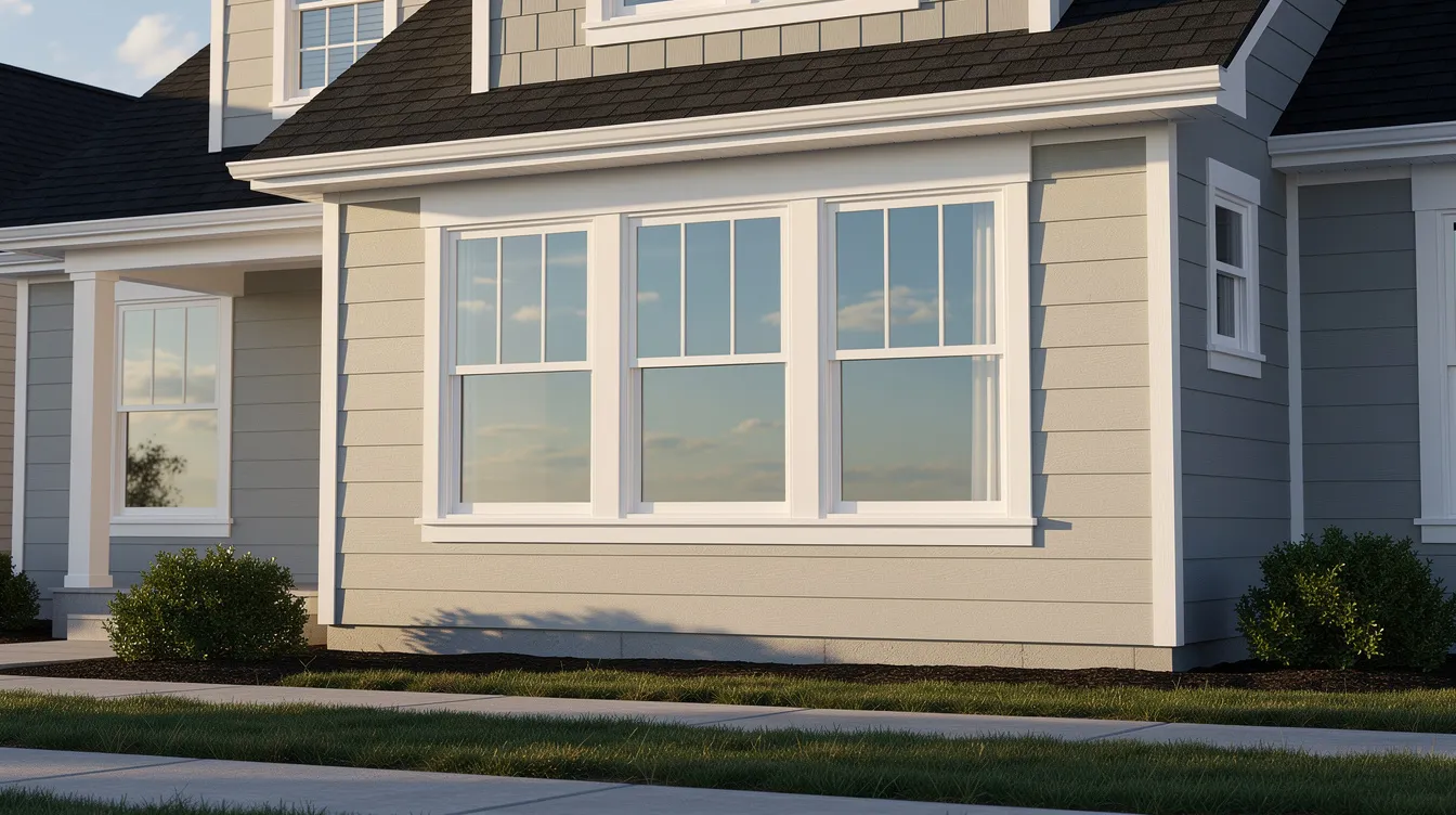 The image shows a home exterior featuring clean, white vinyl windows that enhance the overall aesthetic and energy efficiency of the house. The double hung design provides both style and functionality, ensuring comfort and security for the residents.