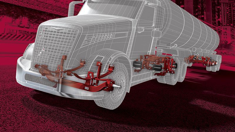 A computer generated image of a semi truck with a red background.