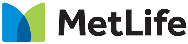 A metlife logo with a blue and green m on a white background.