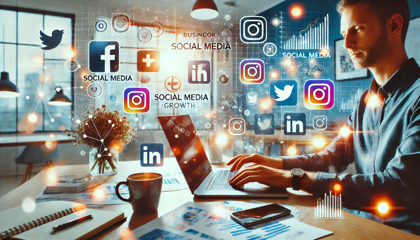 A man is sitting at a desk using a laptop computer surrounded by social media icons.