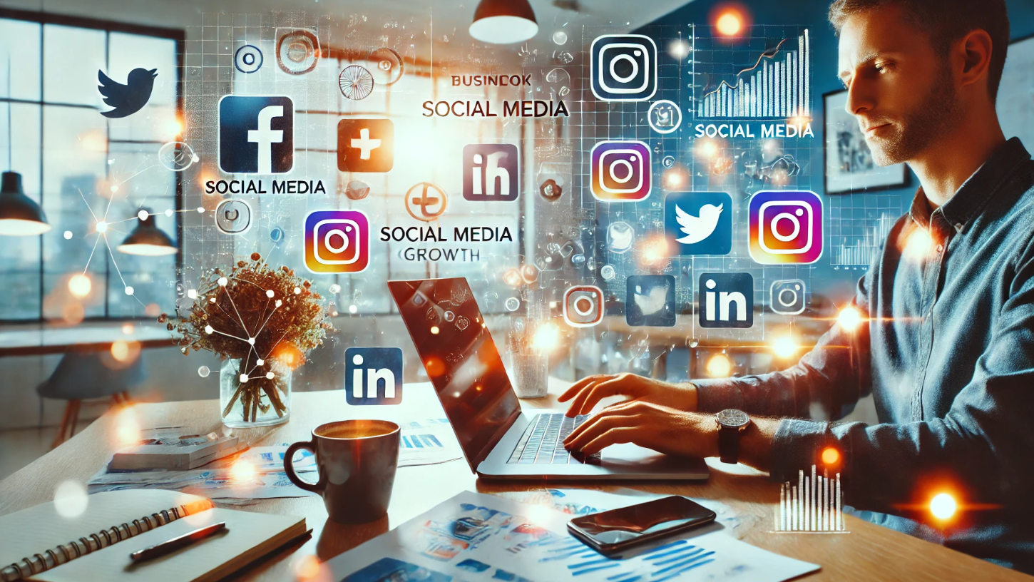 A man is sitting at a desk using a laptop computer surrounded by social media icons.