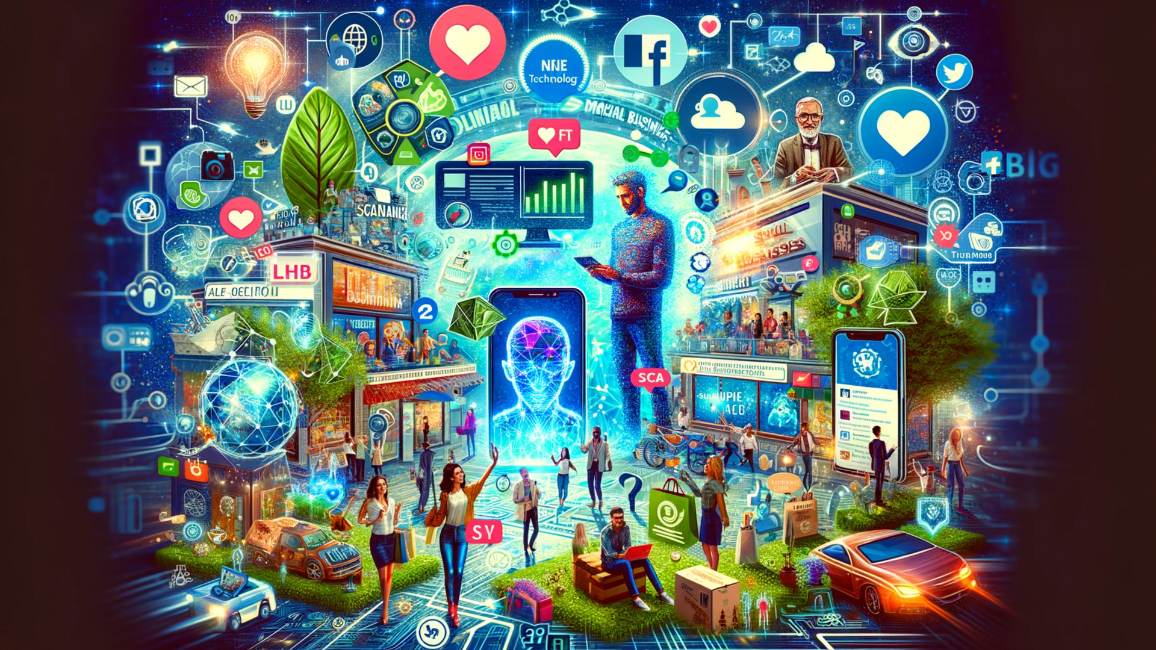 A painting of a group of people surrounded by social media icons.