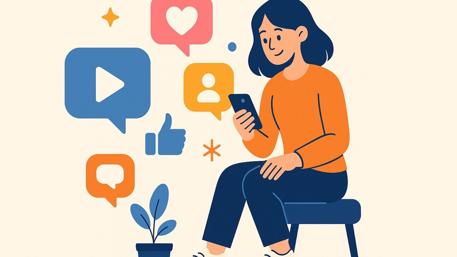 Illustration of a woman sitting and using a smartphone, surrounded by social media icons like thumbs up, play button, heart, and comment bubble.