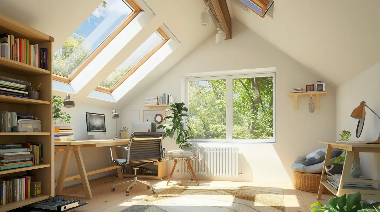 A loft room with a desk , chair , bookshelf and skylights.