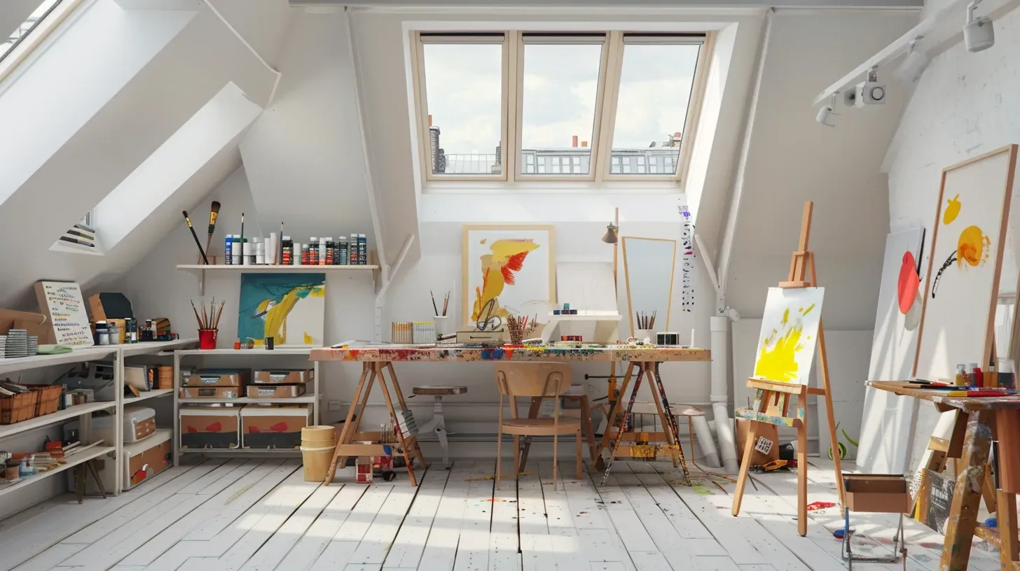 An artist 's studio in the loft with paintings on easels and a table.