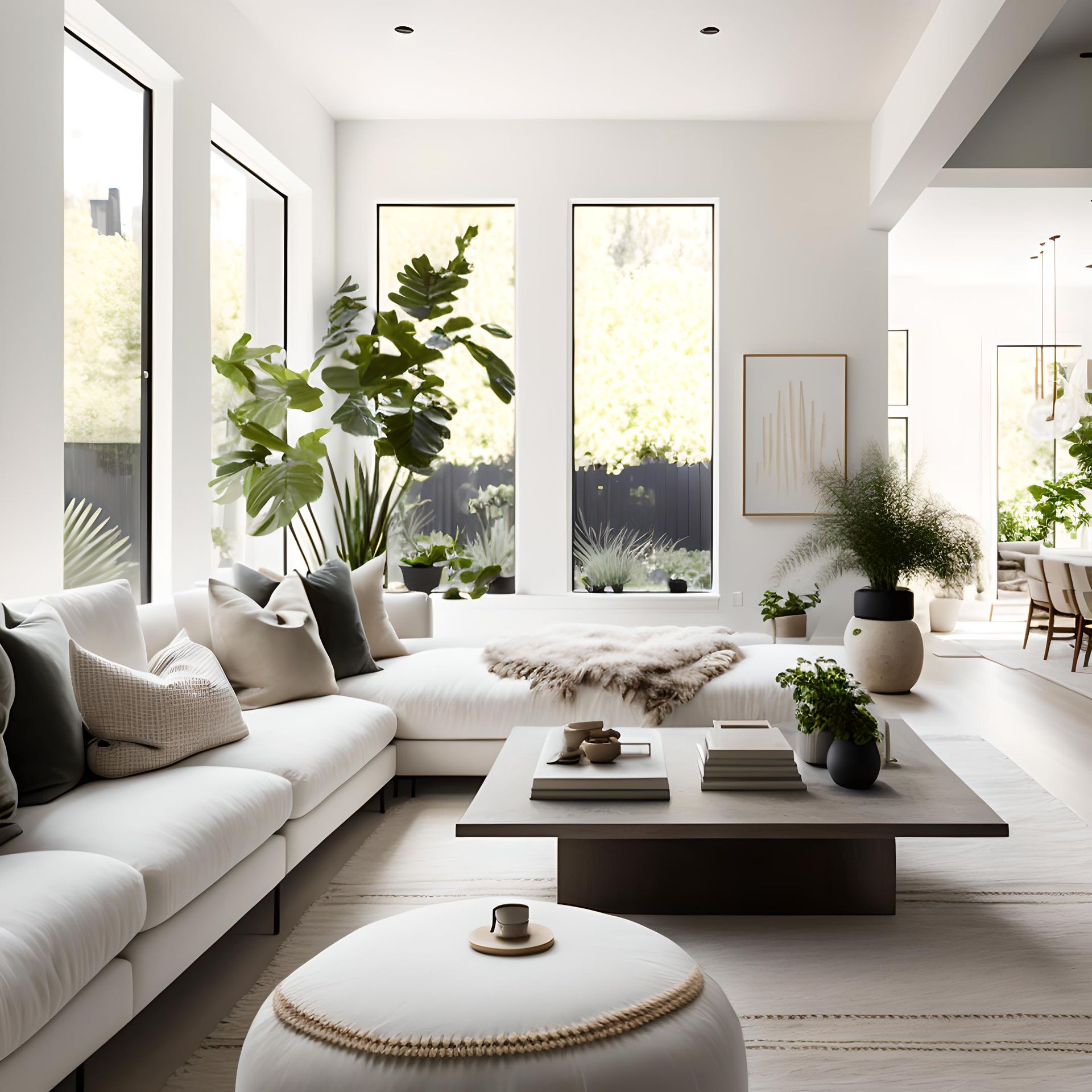 Bright and modern living room with large windows for natural light and minimalistic decor