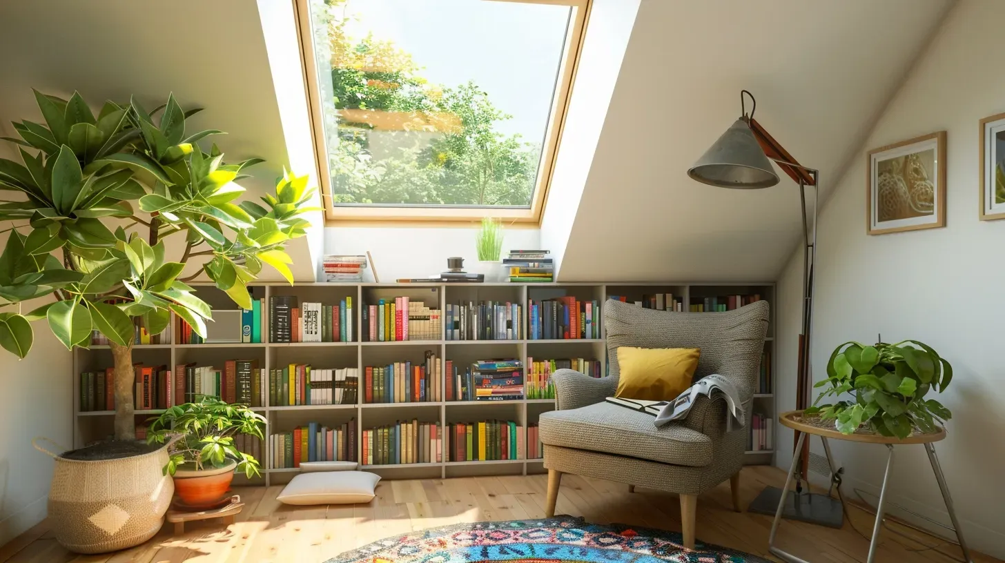 A loft reading nook with a chair , bookshelf , plants and a skylight.