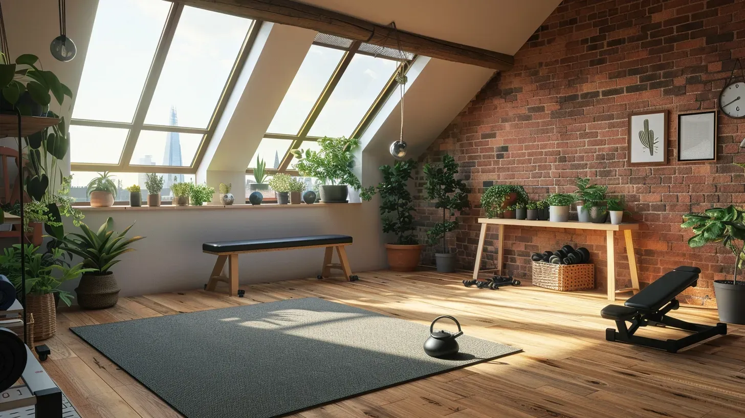 A room with a brick wall , a exercise mat , a weights bench , a clock , and a window.