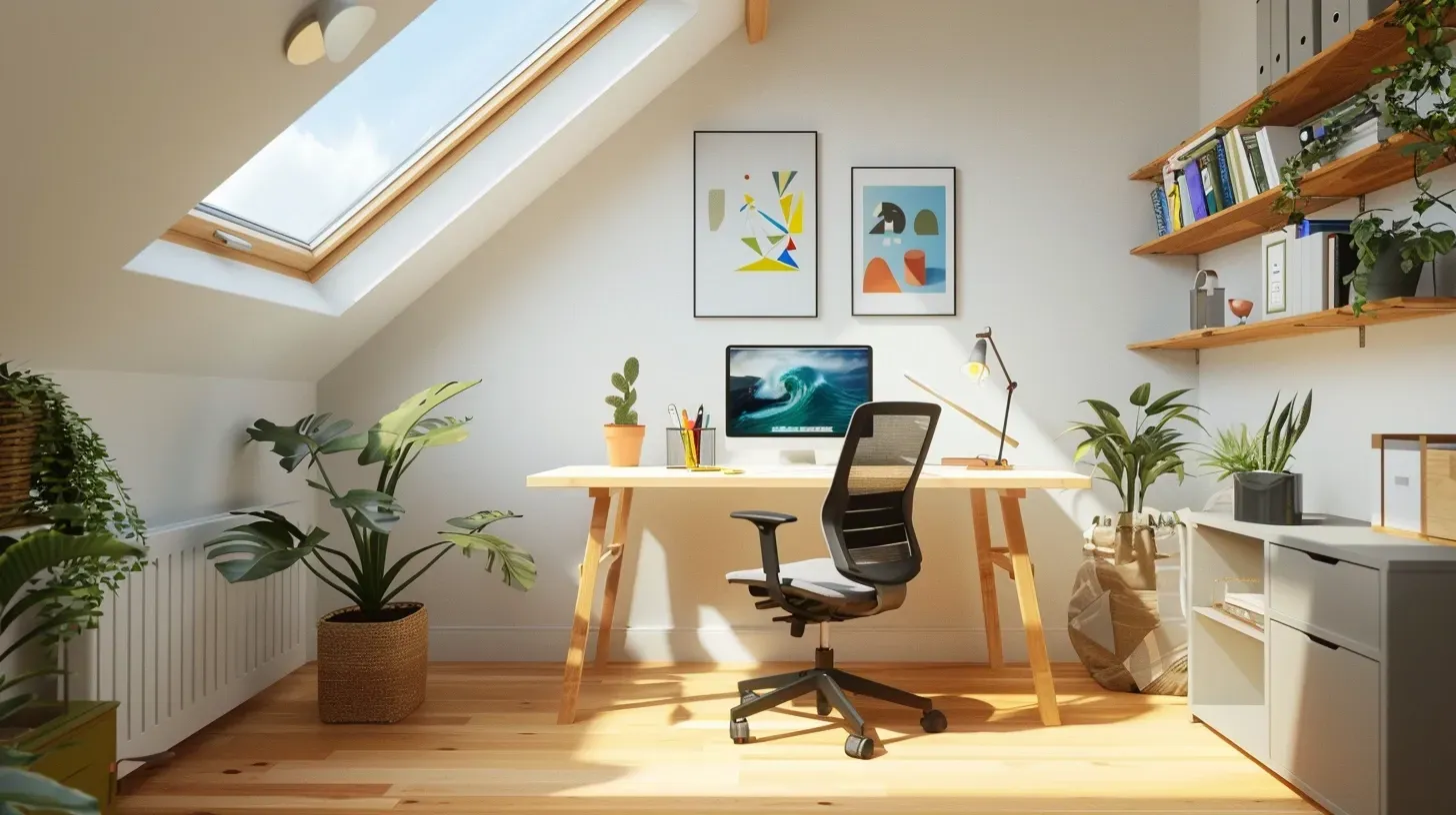A home office with a desk , chair , computer and plants.