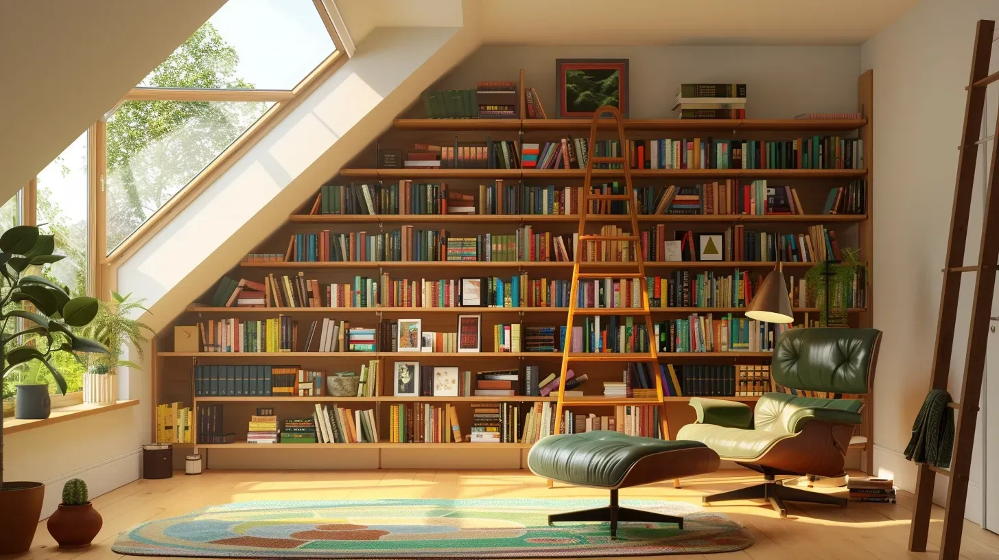 A living room with a lot of bookshelves and a chair.