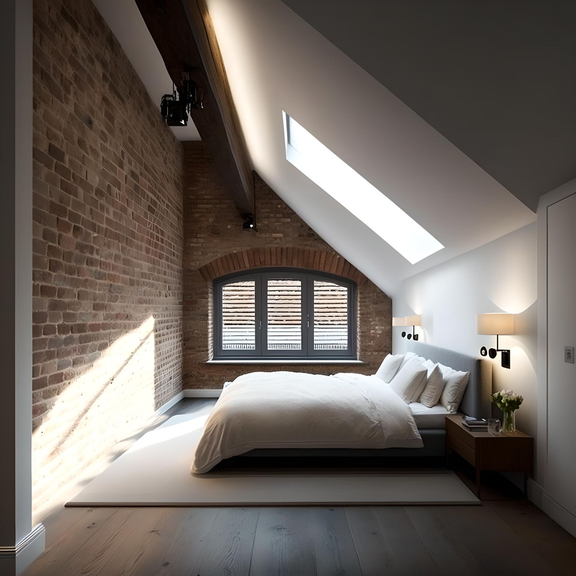 Traditional brick London house with modern angular loft conversion. Skylight adds natural light to s
