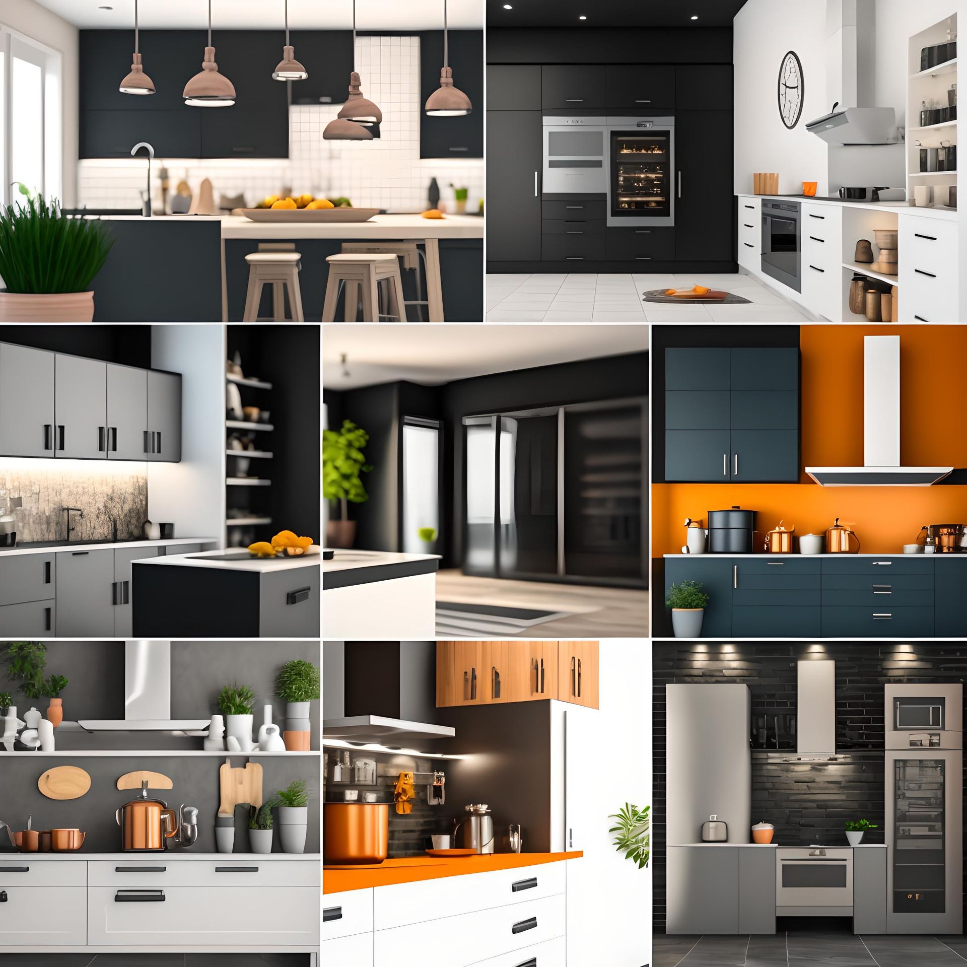 A collage of modern kitchen designs featuring a diverse range of styles, colours, and layouts