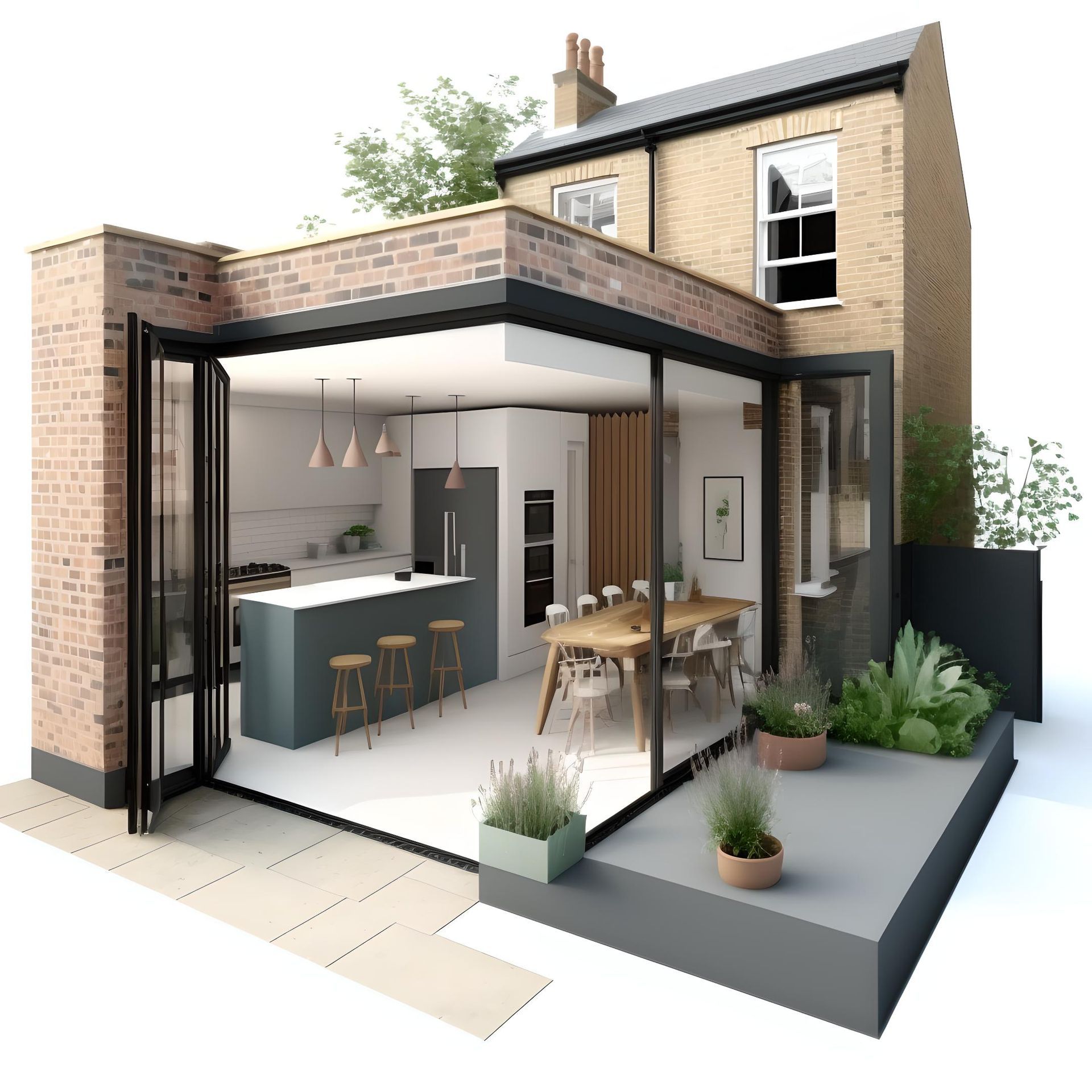 Design concept of modern side return extension with bi-fold doors & material/style options.