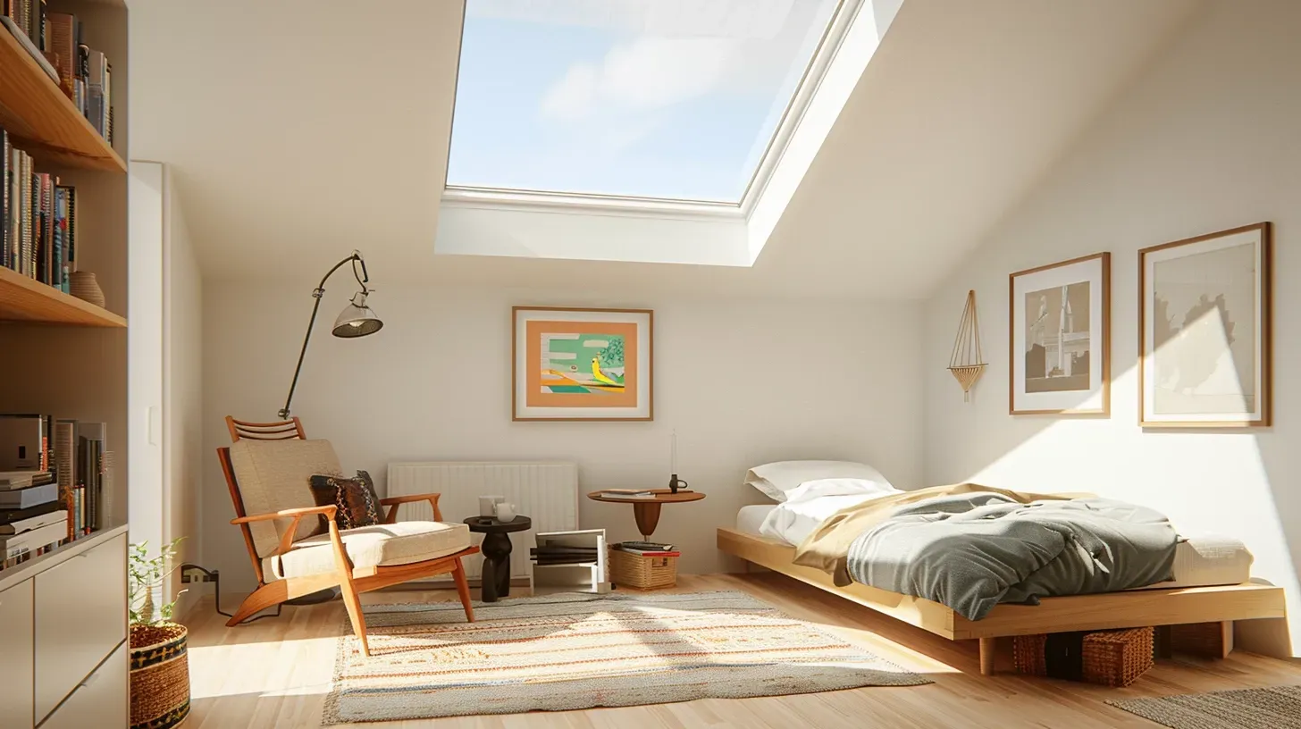 A guest area in the loft space including a bedroom with two beds and a skylight in the ceiling.