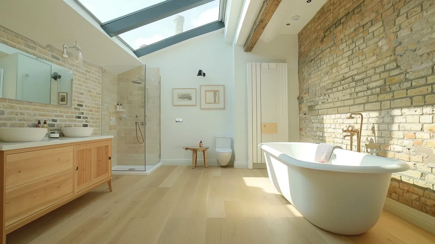 A bathroom with a bathtub , sinks , and a brick wall.
