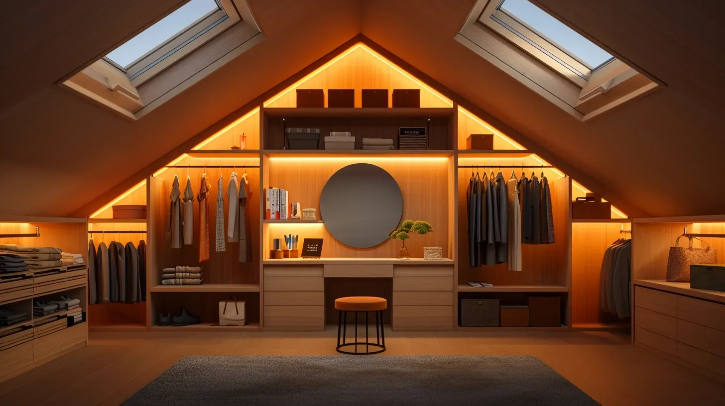 A walk in closet in an attic with skylights and a dressing table.