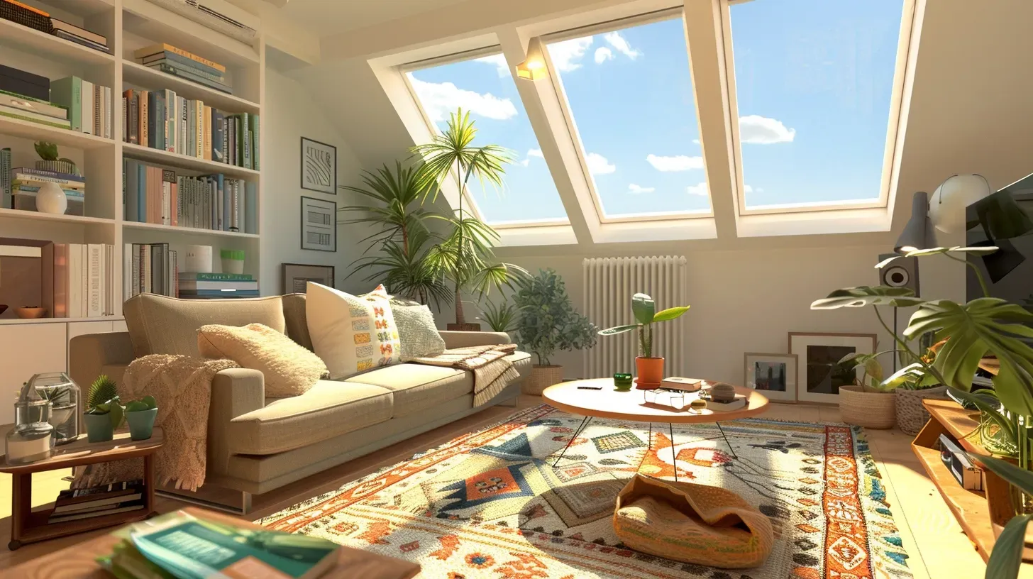 A living room with a couch , table , bookshelves and skylights.