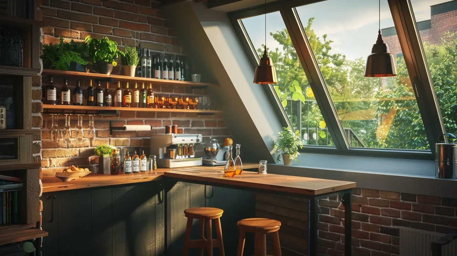 A loft bar with a wooden table and stools and a large window.