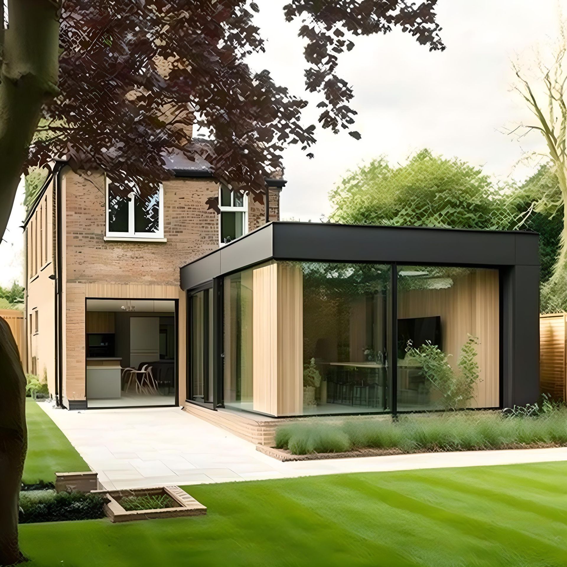 Contemporary wrap-around extension with sleek design and seamless connection to garden