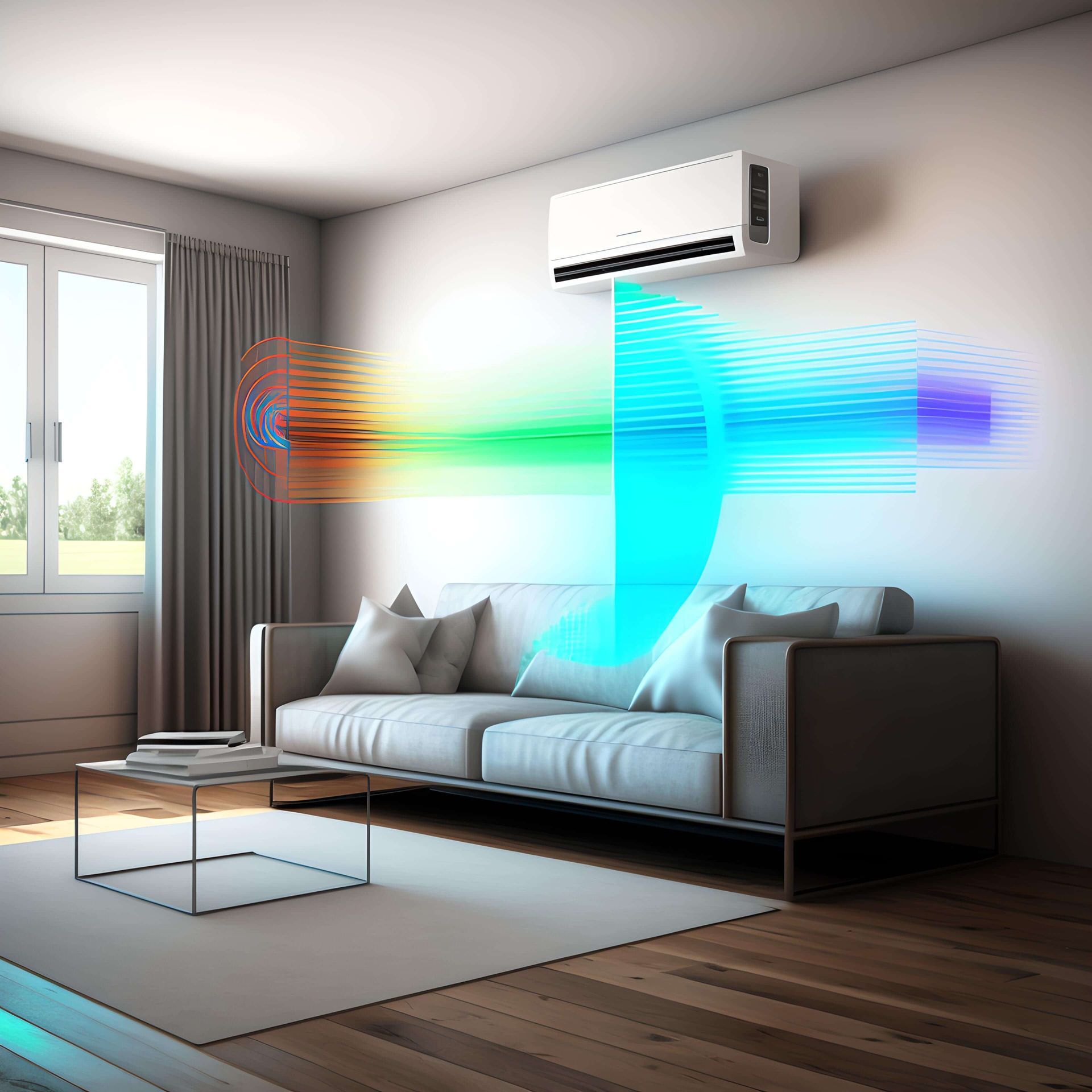 Modern split air conditioning unit in stylish living room.
