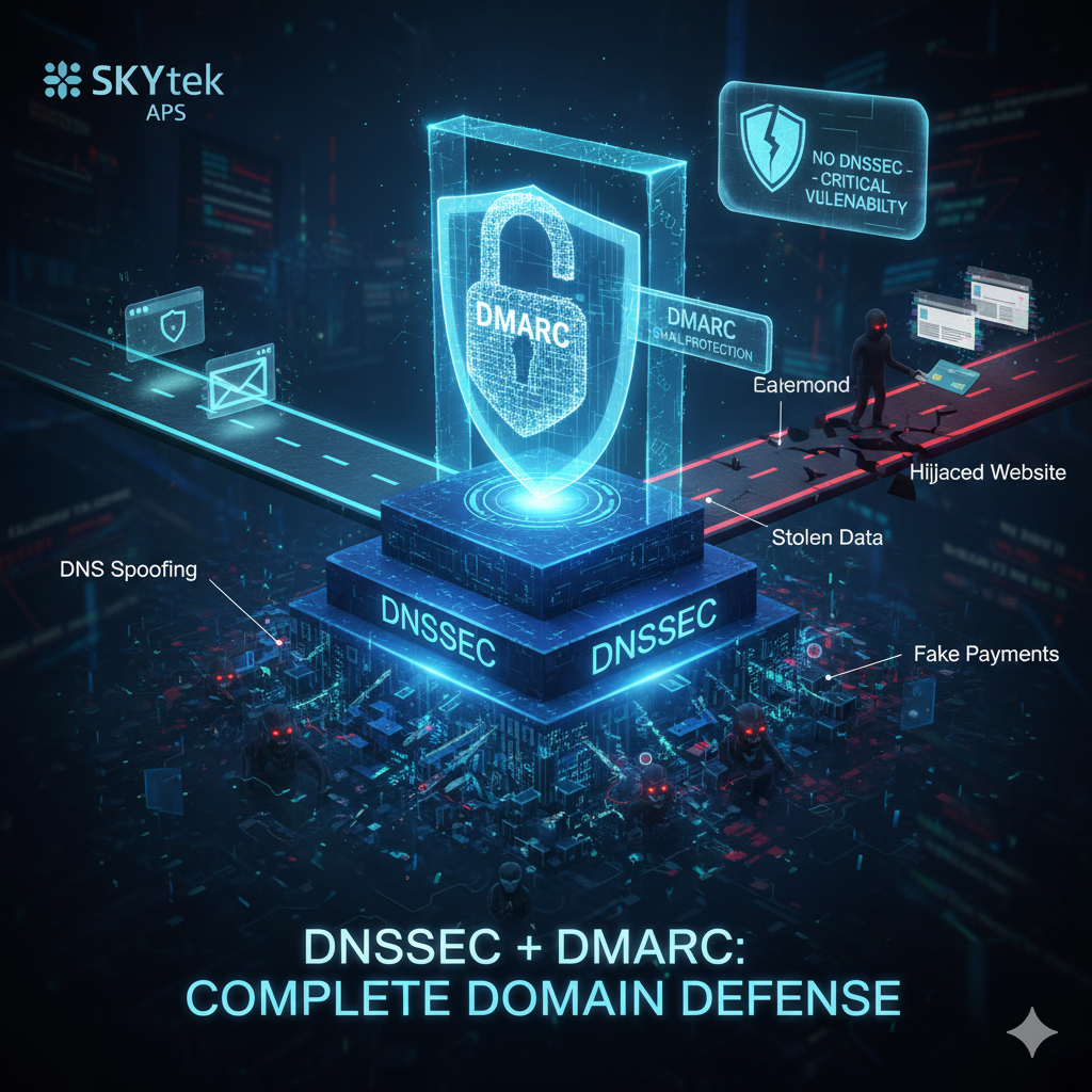 A digital graphic showing a security shield with