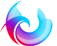 A blue and purple swirl with a red tail on a white background.