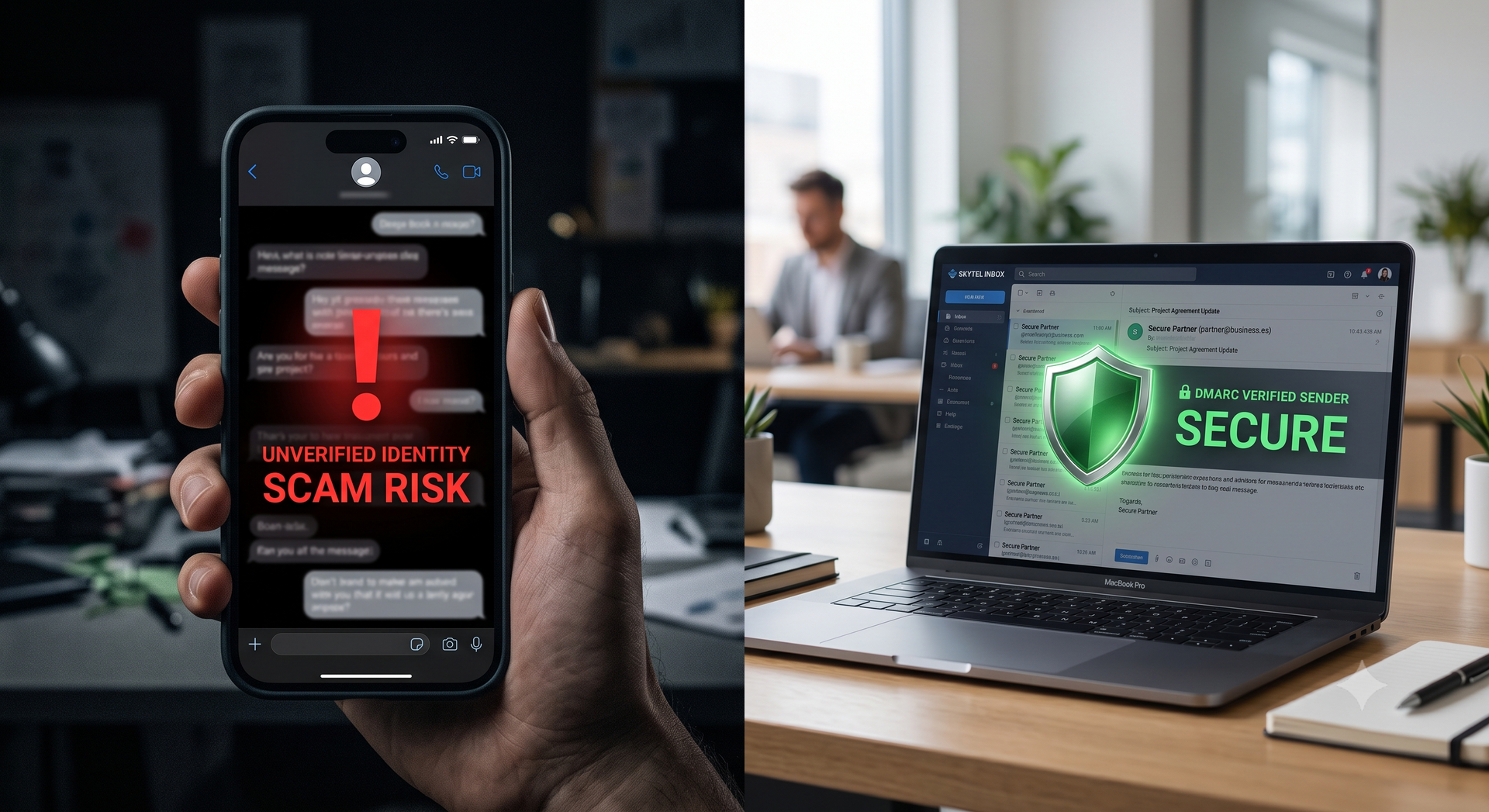 Secure email vs. unverified messaging scam risk: split-screen contrast.