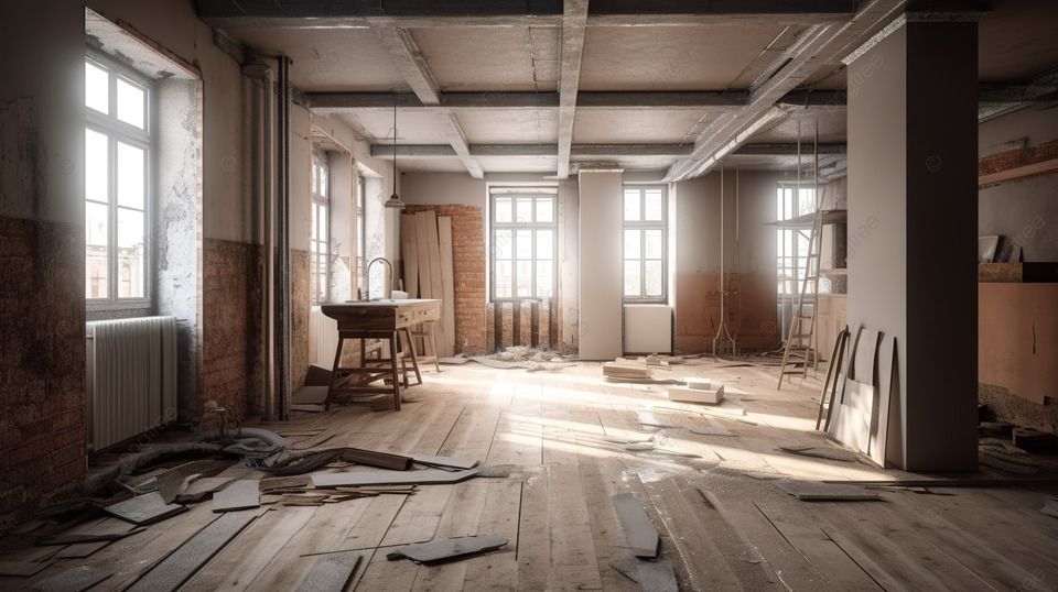 Sunlit, abandoned room under renovation with wooden floors, exposed walls, large windows, and scattered debris.