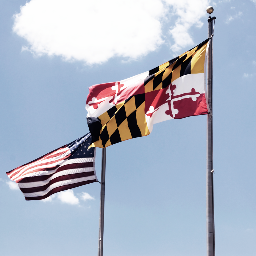 An american flag and a maryland flag are flying side by side