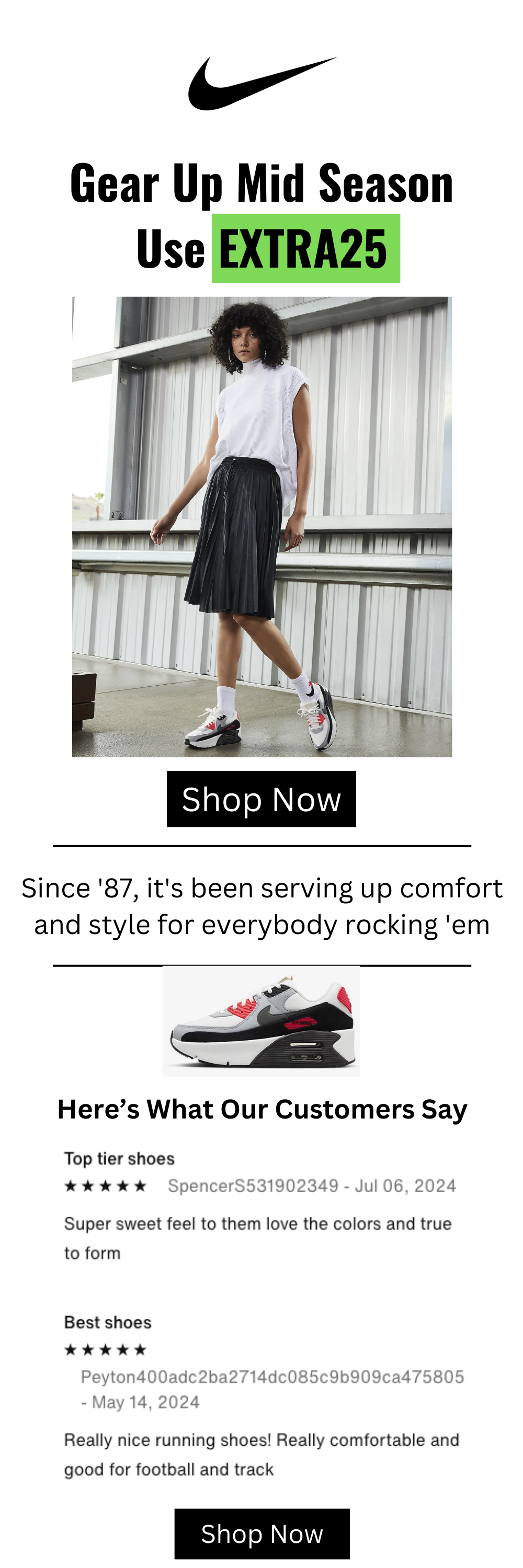 Nike email marketing promotion mockup for a discounted price. Azshon Creative Media copywriter, SEO specialist