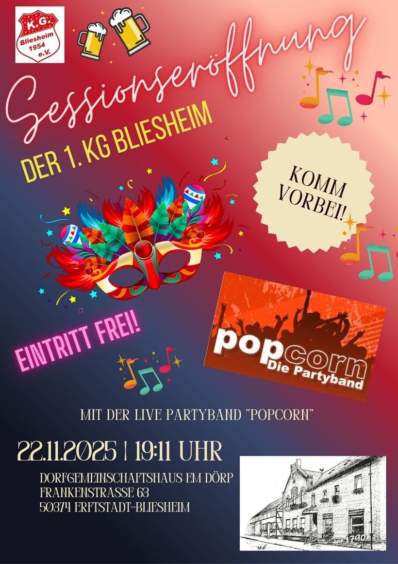 Sessionseröffnung der 1. KG Bliesheim 1954 e.V. am 22.11.2025 um 19:11 Uhr. Eintritt frei.