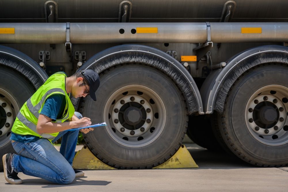 Person in reflective vest inspects truck tires, kneeling with a notepad.