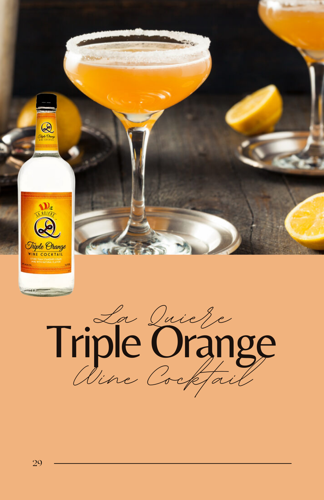 A bottle of triple orange wine cocktail next to a glass of wine.
