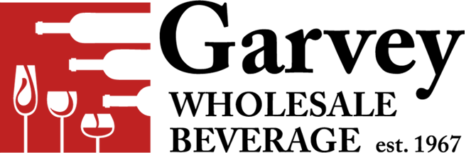The logo for garvey wholesale beverage shows wine bottles and glasses