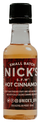 A small bottle of nick 's hot cinnamon liqueur.