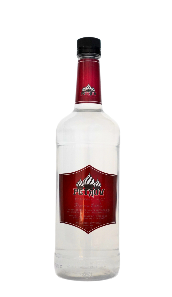 A bottle of vodka with a red label on a white background