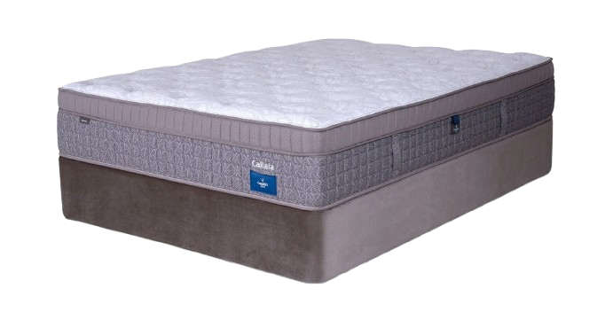 Mattress set: white quilted mattress with patterned side on a gray base.