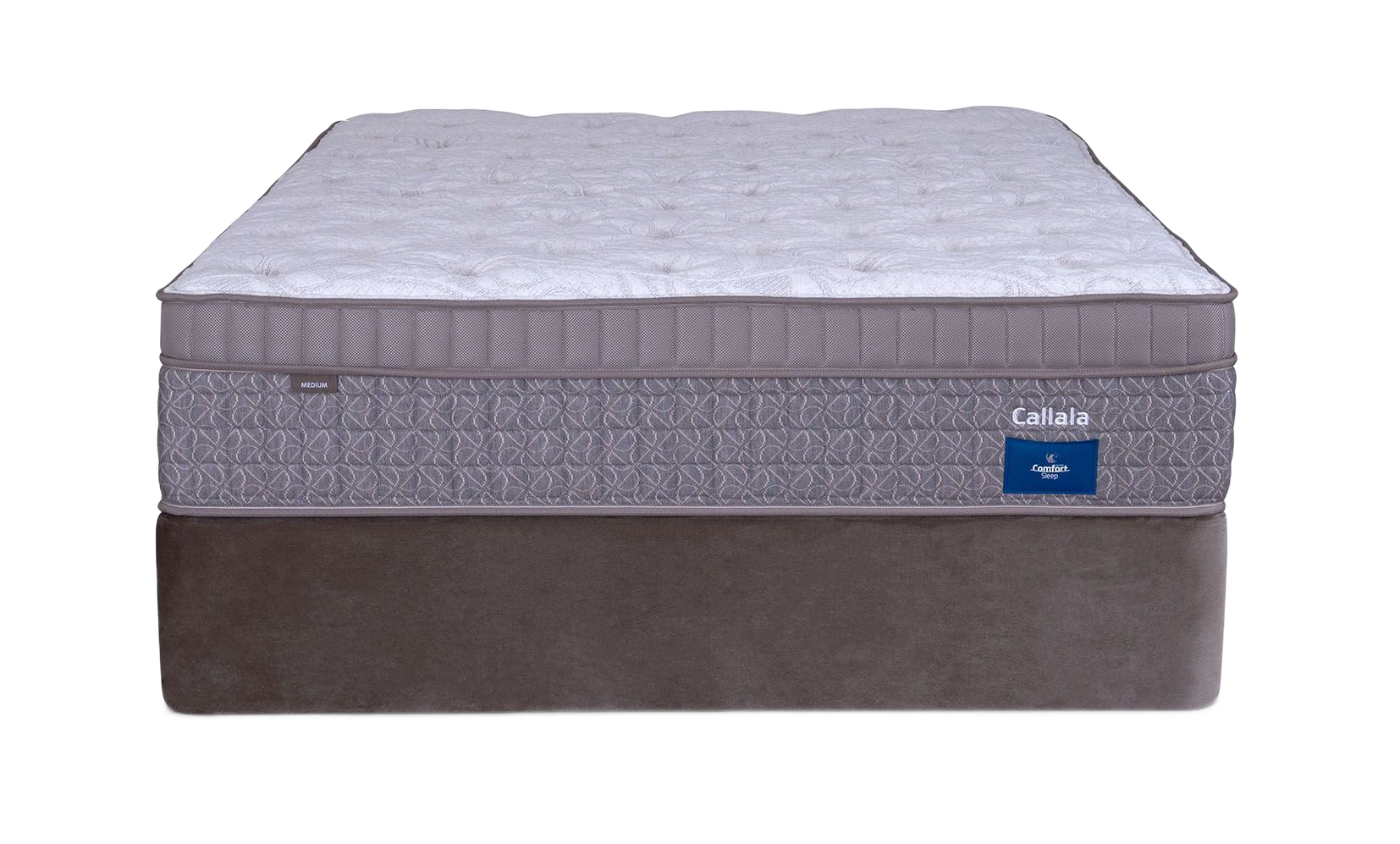 Gray and white mattress on a brown foundation.