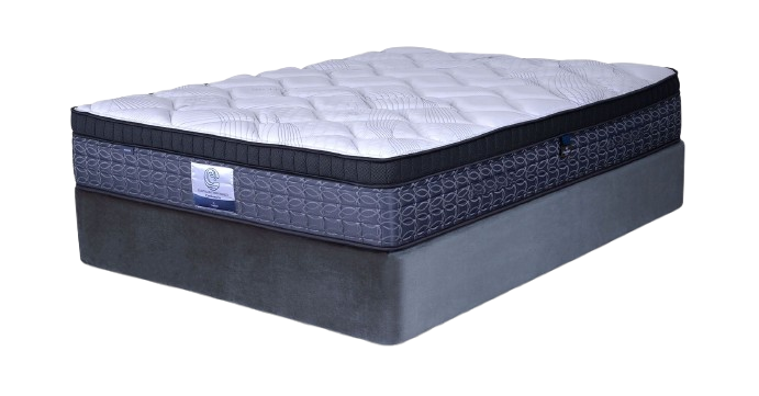 A two-layer mattress and box spring set with quilted white top, blue patterned sides, and gray base.