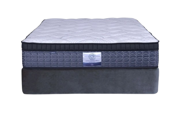 A mattress with a dark blue base and a white top, on a grey foundation.