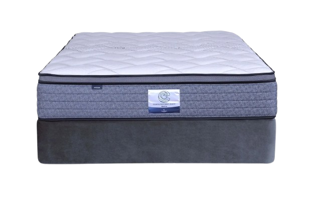 Gray and white mattress on a gray base.