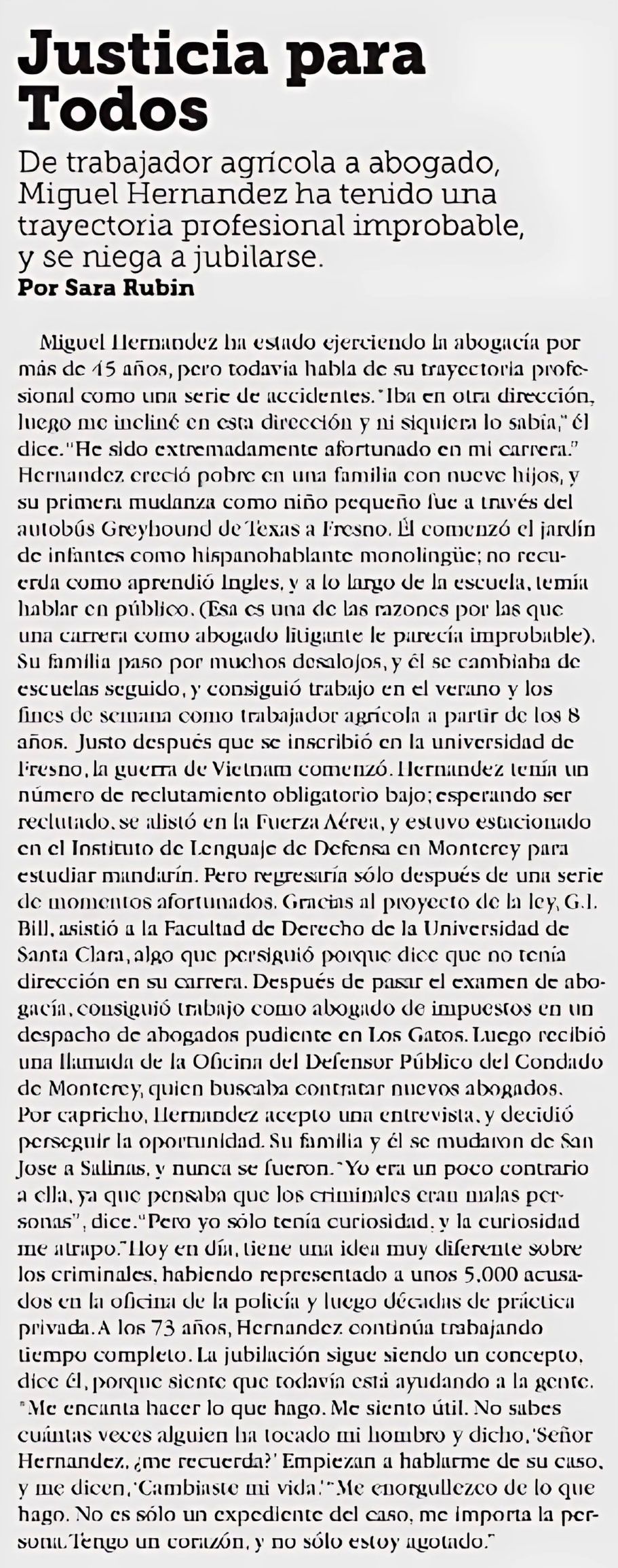 A black and white photo of a newspaper article titled justicia para todos