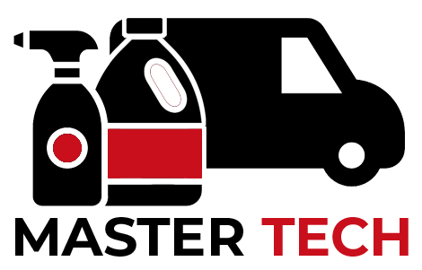 Logo: Red carpet cleaner with black cord above "MASTER TECH" text.