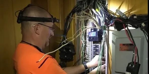 A man in an orange shirt is working on an electrical box.