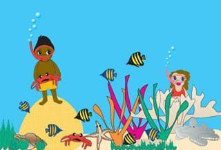 A cartoon of a boy standing on top of a brain coral in the ocean surrounded by fish.