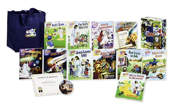 A collection of children 's books with a purple bag.